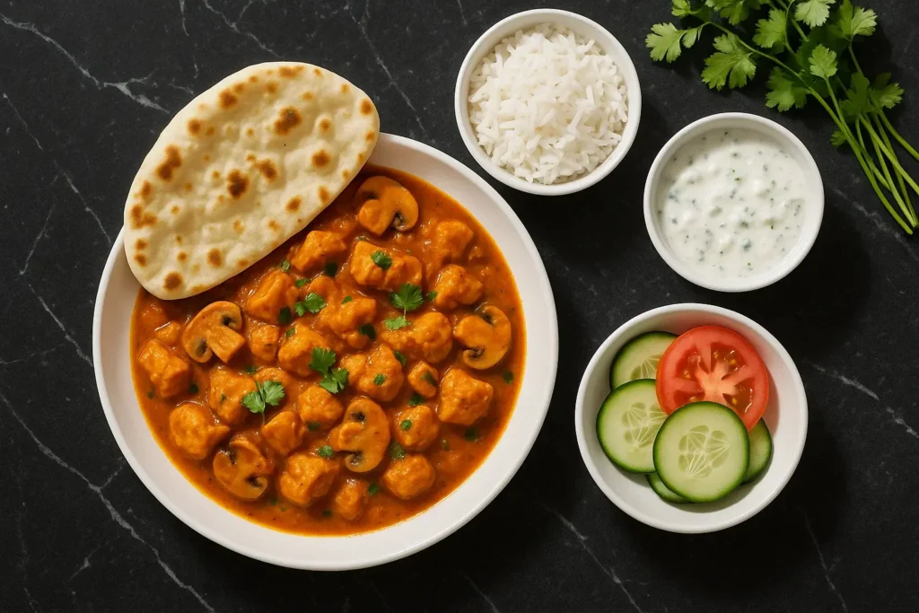 Overhead view of Chicken Mushroom Masala served with naan, basmati rice, cucumber salad, and raita on a black marble countertop.