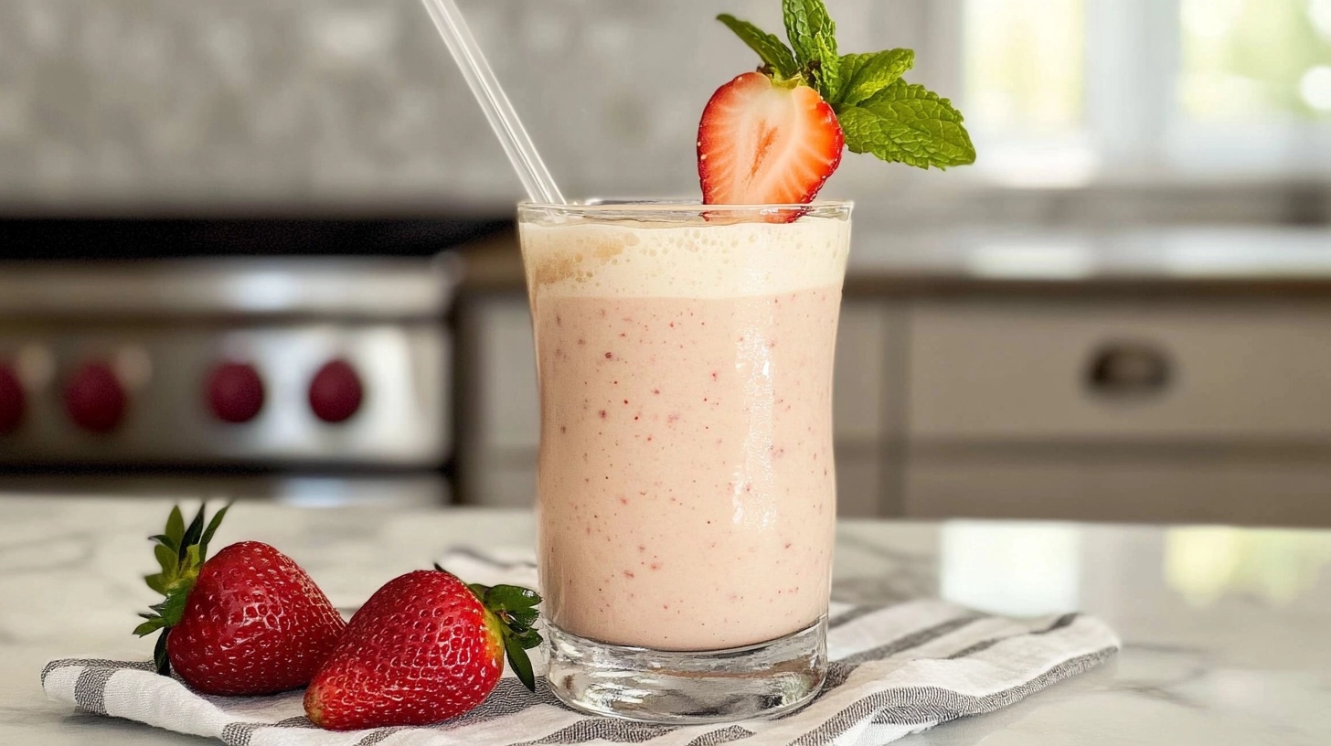 A glass of strawberry smoothie on a kitchen counter with fresh strawberries.