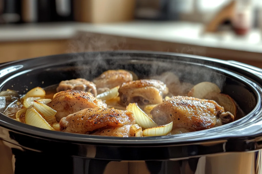 Adobo chicken cooking in a black slow cooker with onions and aromatic steam rising, showcasing tender and flavorful chicken thighs.