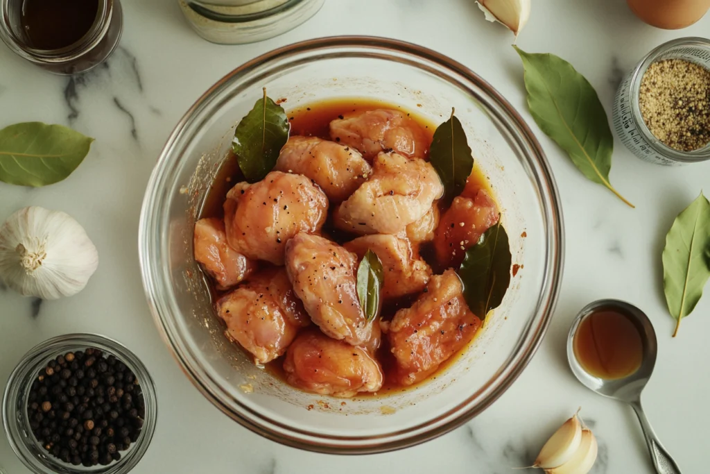 Raw chicken marinated with soy sauce, vinegar, garlic, and bay leaves in a glass bowl, surrounded by fresh ingredients like garlic, peppercorns, and bay leaves on a marble surface.