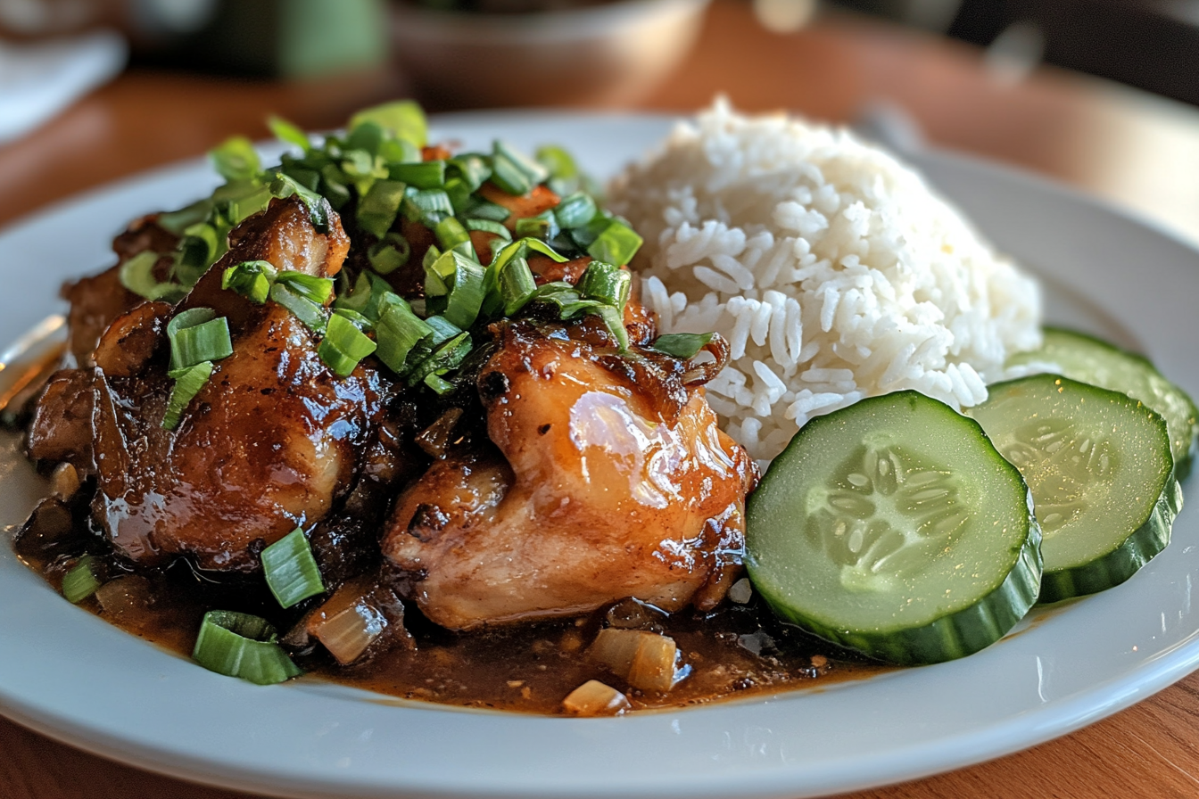 A plated serving of adobo chicken garnished with green onions, served with steamed rice and sliced cucumbers on a white plate.