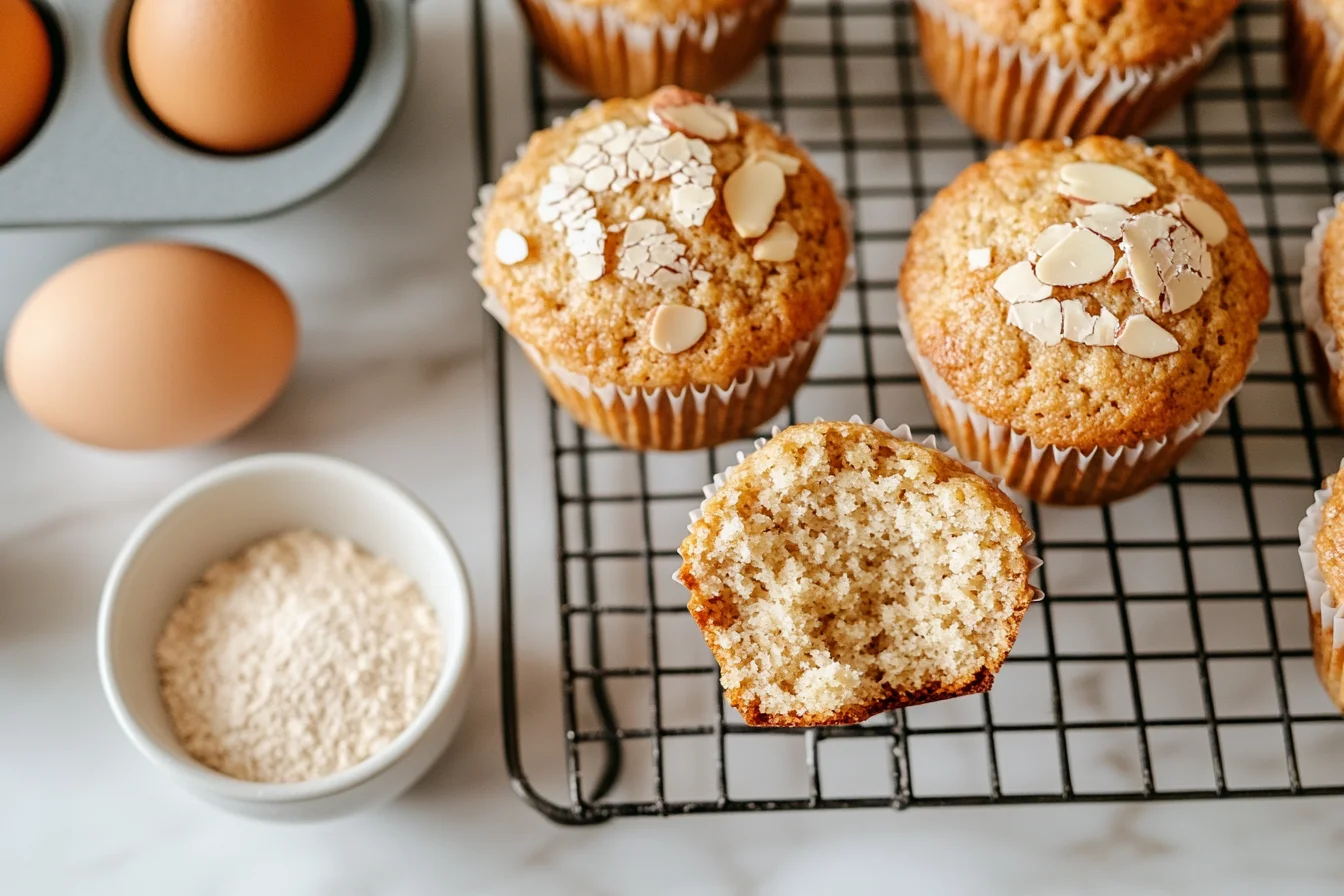 A batch of freshly baked almond flour muffins topped with slivered almonds, placed on a cooling rack, with a muffin cut in half to reveal its moist texture. Nearby, eggs in a tray and a small bowl of almond flour are placed on a marble countertop.