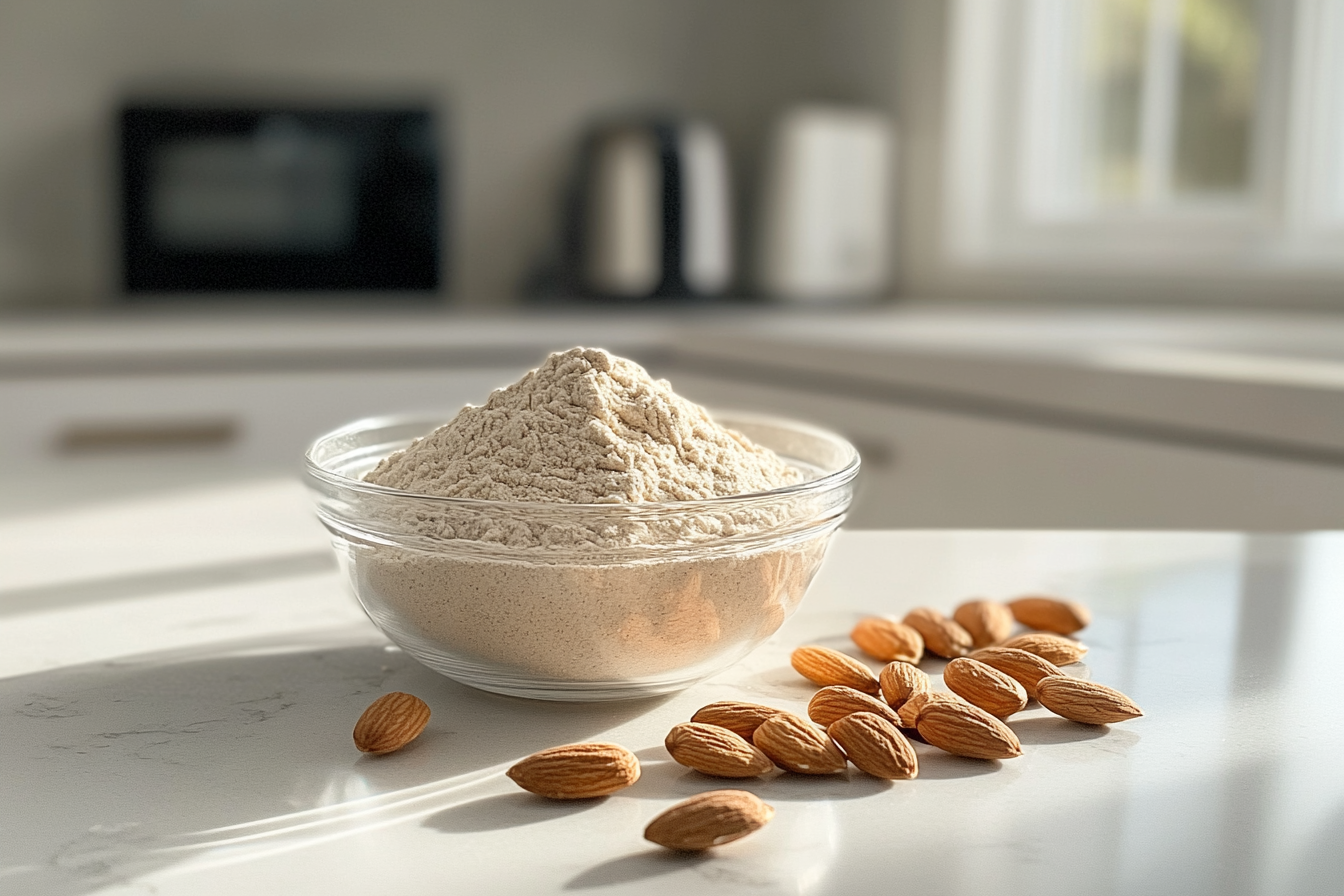 A glass bowl filled with almond flour on a bright kitchen countertop, surrounded by whole almonds, with sunlight streaming in from the window.