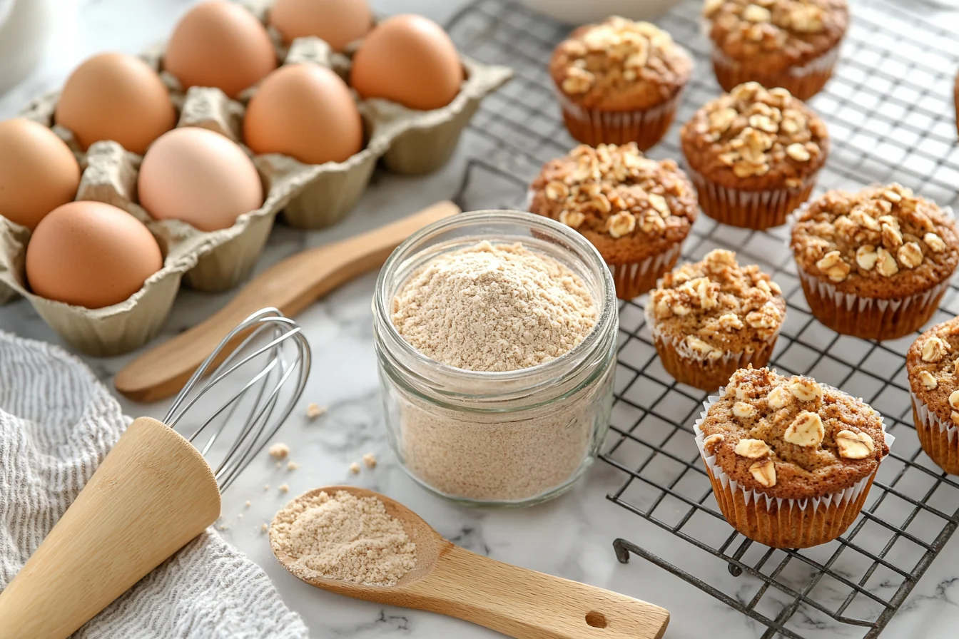 Freshly baked almond flour muffins cooling on a wire rack, surrounded by baking essentials including eggs, a jar of almond flour, and a whisk.