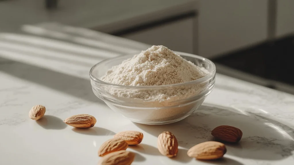 A glass bowl filled with almond flour placed on a sunlit marble countertop, surrounded by scattered whole almonds.