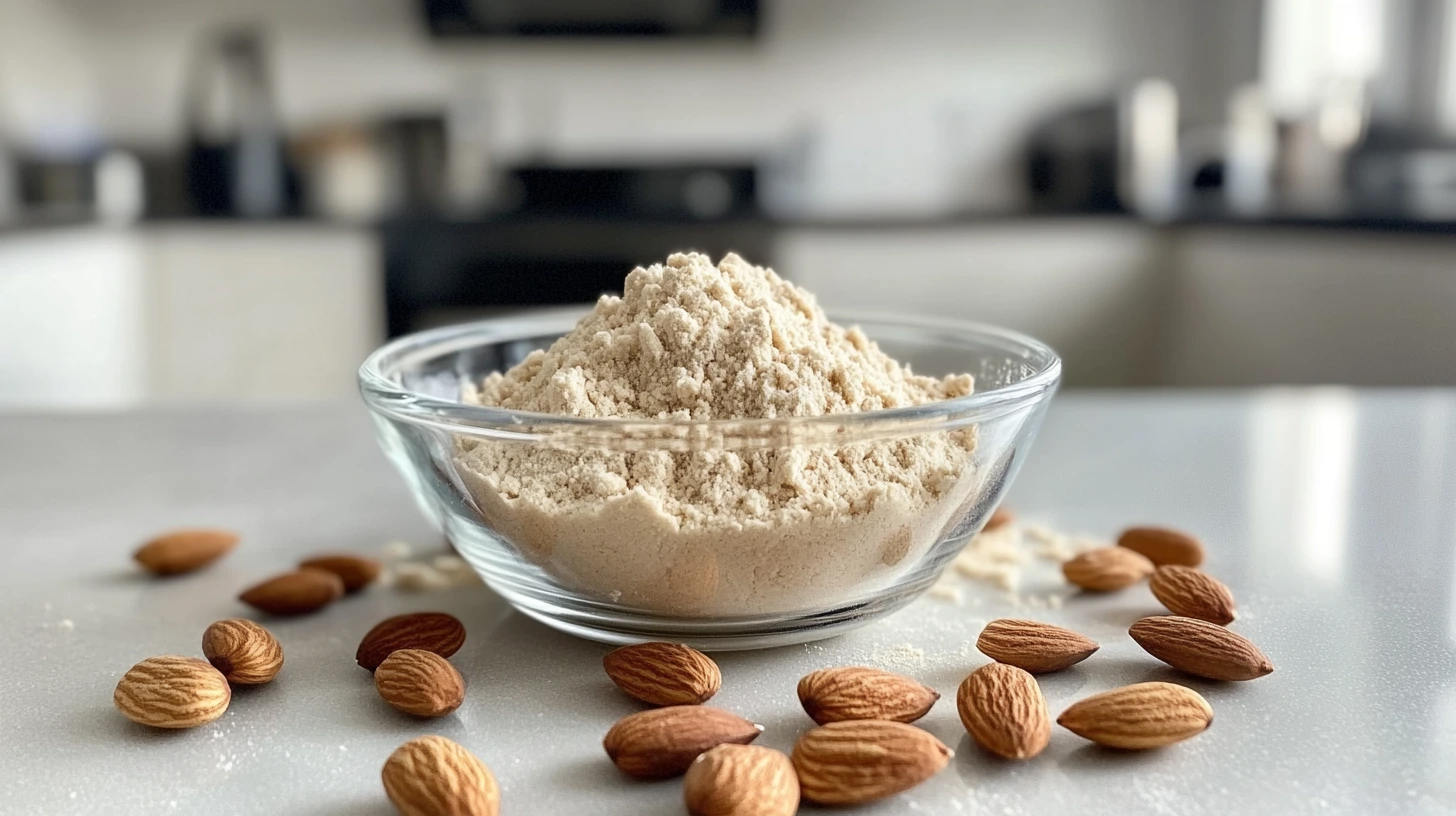 A glass bowl filled with almond flour on a kitchen counter, surrounded by raw almonds, with a blurred kitchen background.