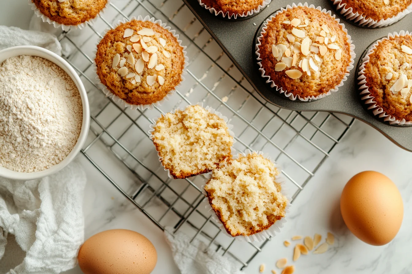 A batch of golden almond flour muffins topped with sliced almonds on a cooling rack, with one muffin cut open to reveal a crumbly interior, next to a bowl of almond flour and whole eggs.