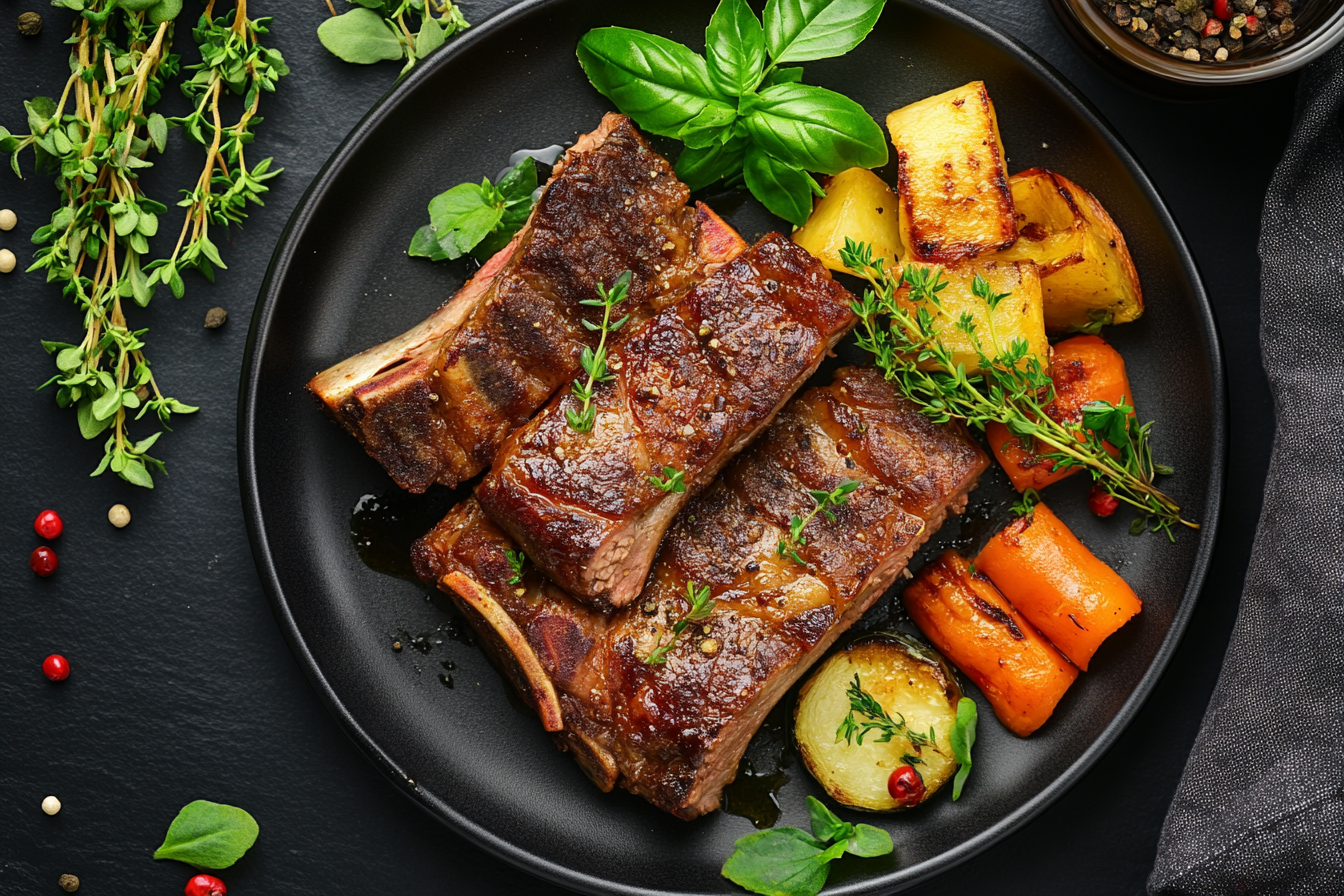 Close-up of grilled beef short ribs served on a black plate with roasted potatoes and carrots, garnished with fresh herbs and basil leaves.