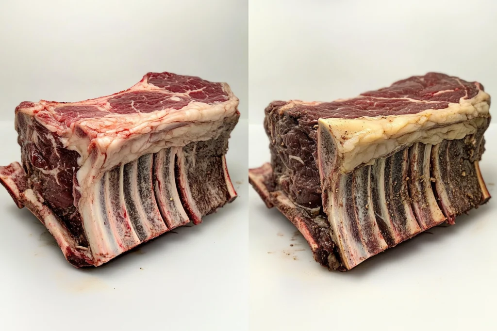 Side-by-side comparison of raw beef cuts, featuring a rack of ribs showcasing the marbling, fat layer, and bone structure.