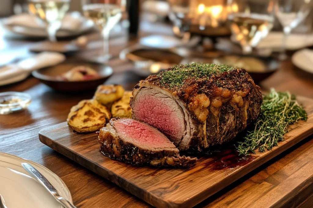 Perfectly cooked prime rib roast served on a wooden cutting board, garnished with fresh thyme, accompanied by golden roasted potatoes on a festive dining table.