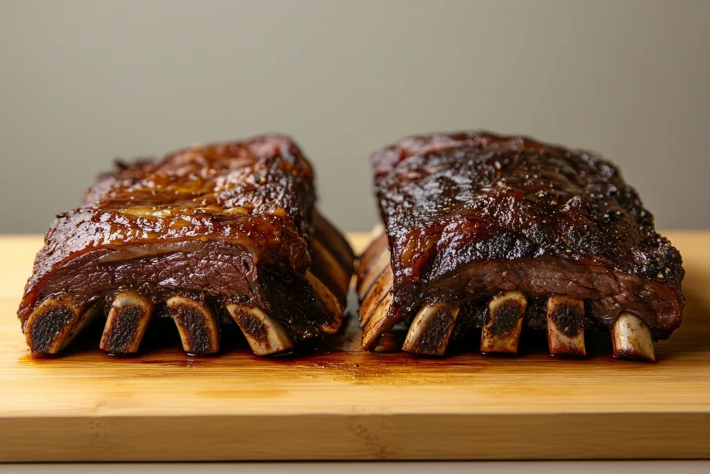 Close-up view of two racks of cooked short ribs on a wooden cutting board, showcasing a rich, caramelized crust and tender meat.