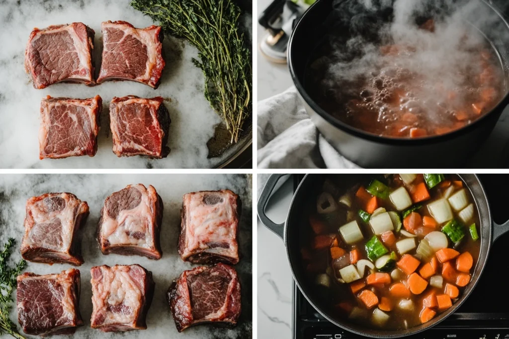 Step-by-step process of preparing short ribs, including raw short ribs with fresh thyme, searing the ribs, and simmering them in a pot with vegetables.