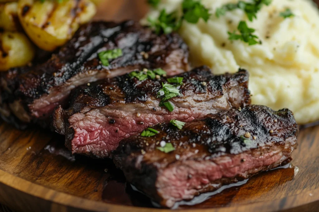 Juicy grilled boneless beef ribs served with mashed potatoes and grilled vegetables, garnished with fresh parsley.