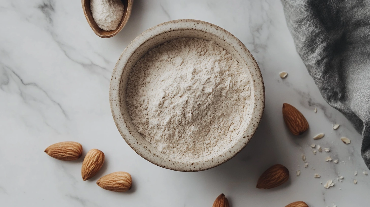 A rustic bowl of almond flour surrounded by raw almonds and oat flakes on a marble surface, with a textured fabric in the background.