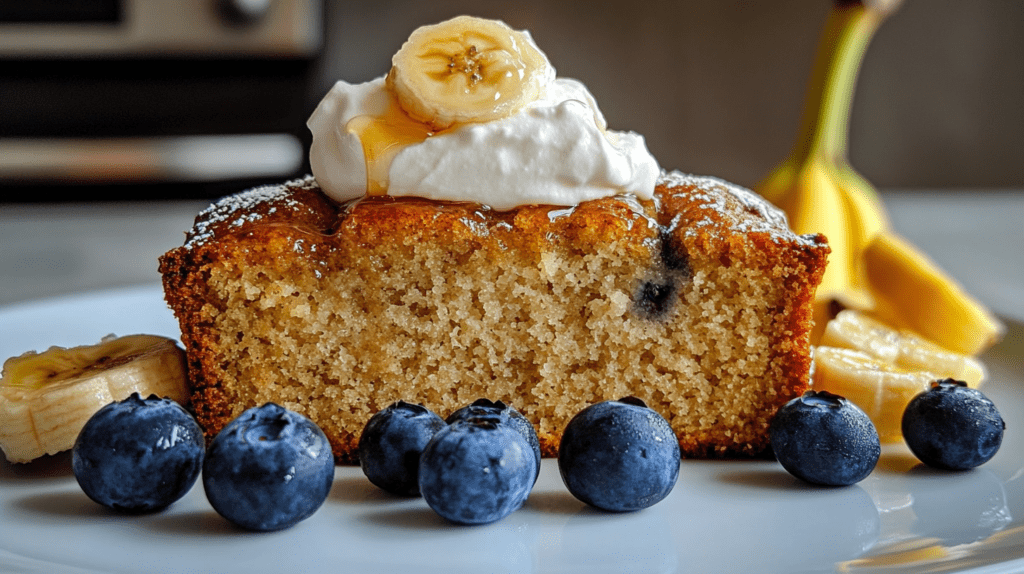 A moist slice of banana bread with blueberries topped with whipped cream and a banana slice, garnished with honey, surrounded by fresh blueberries and banana slices on a white plate.