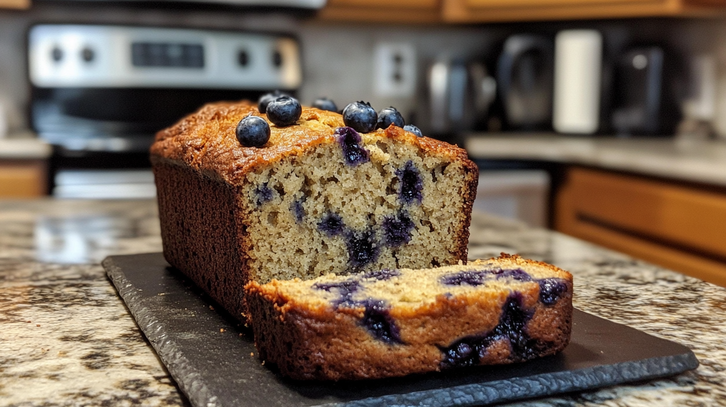 A freshly baked loaf of banana bread with blueberries, sliced to reveal its moist interior and vibrant blueberry distribution, placed on a slate board in a cozy kitchen setting.