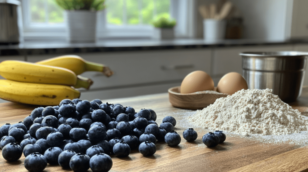 Fresh ingredients for banana bread with blueberries on a wooden countertop, including ripe bananas, fresh blueberries, eggs, flour, and a mixing bowl in a bright kitchen setting.