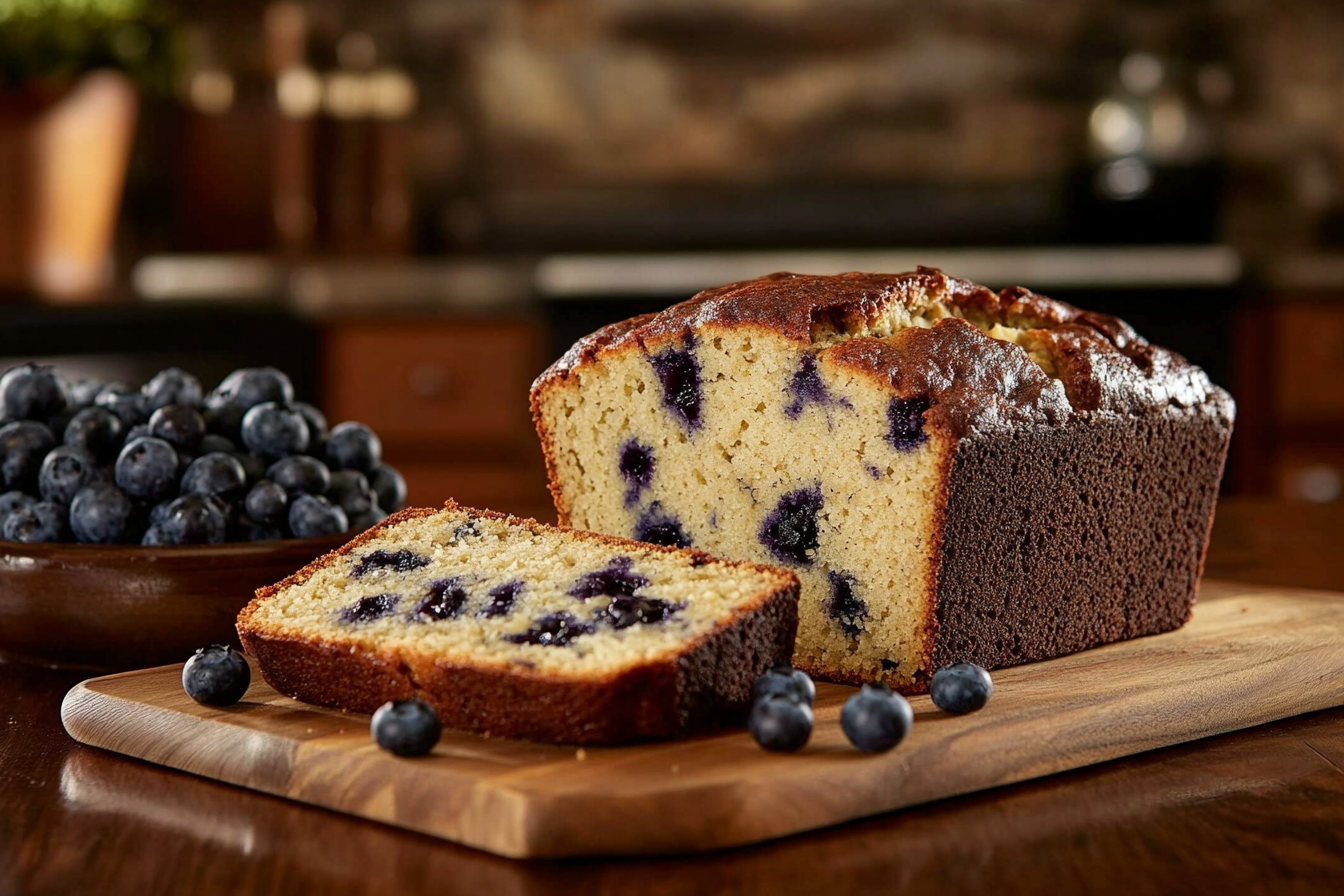 A freshly baked loaf of banana bread with blueberries, sliced to reveal its moist interior and vibrant blueberry distribution, placed on a slate board in a cozy kitchen setting.