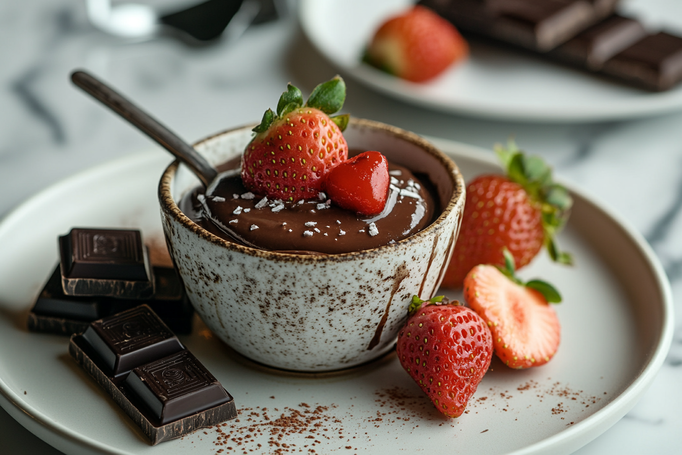 A bowl of rich chocolate sauce topped with fresh strawberries, cocoa powder, and surrounded by chocolate chunks on a ceramic plate.