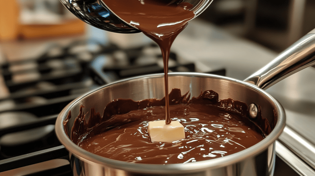 Rich chocolate sauce melting with butter in a saucepan on a stovetop