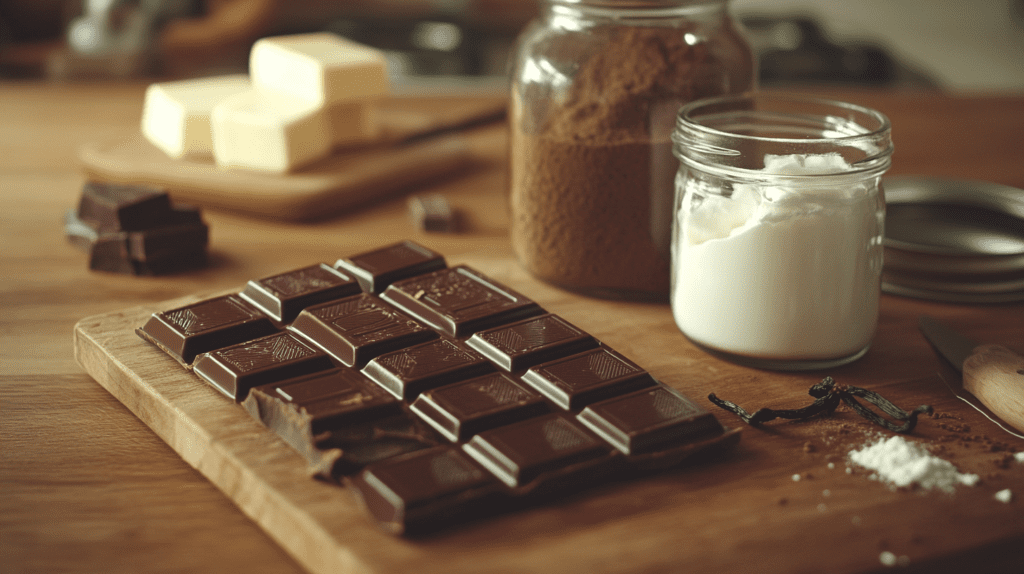 Ingredients for chocolate sauce on a wooden table, including chocolate bars, cocoa powder, butter, and vanilla.