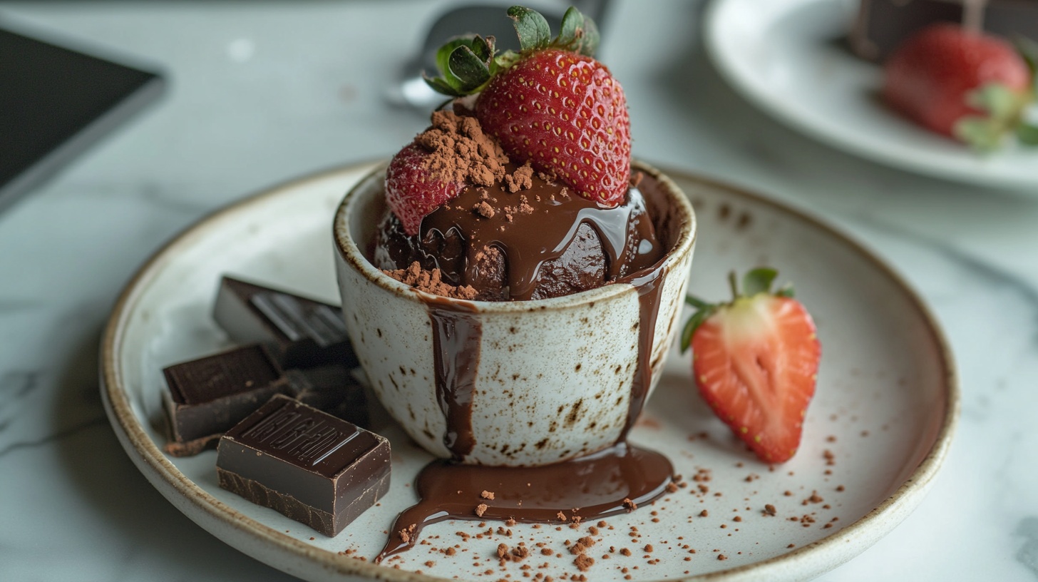 A bowl of rich chocolate sauce topped with fresh strawberries, cocoa powder, and surrounded by chocolate chunks on a ceramic plate.