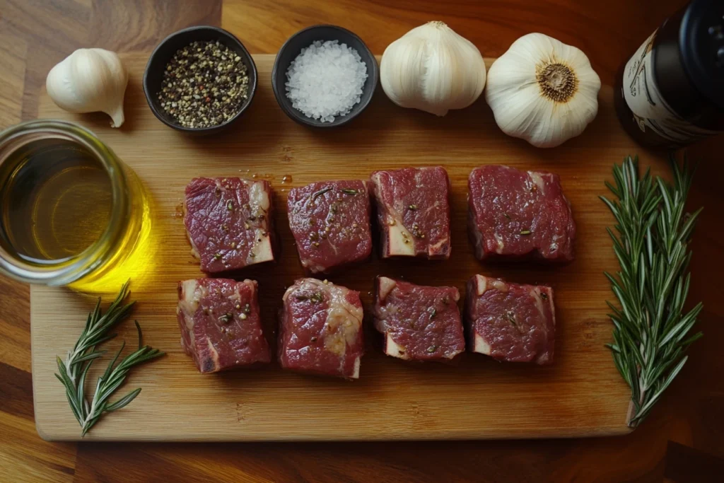 Fresh boneless beef short ribs on a wooden cutting board, seasoned with herbs and surrounded by garlic cloves, rosemary sprigs, olive oil, and spices.