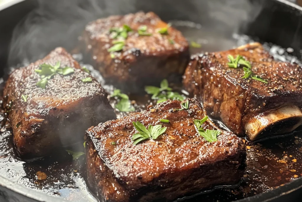 Boneless beef short ribs seared to perfection in a skillet, garnished with fresh herbs and surrounded by flavorful sauce, with steam rising.