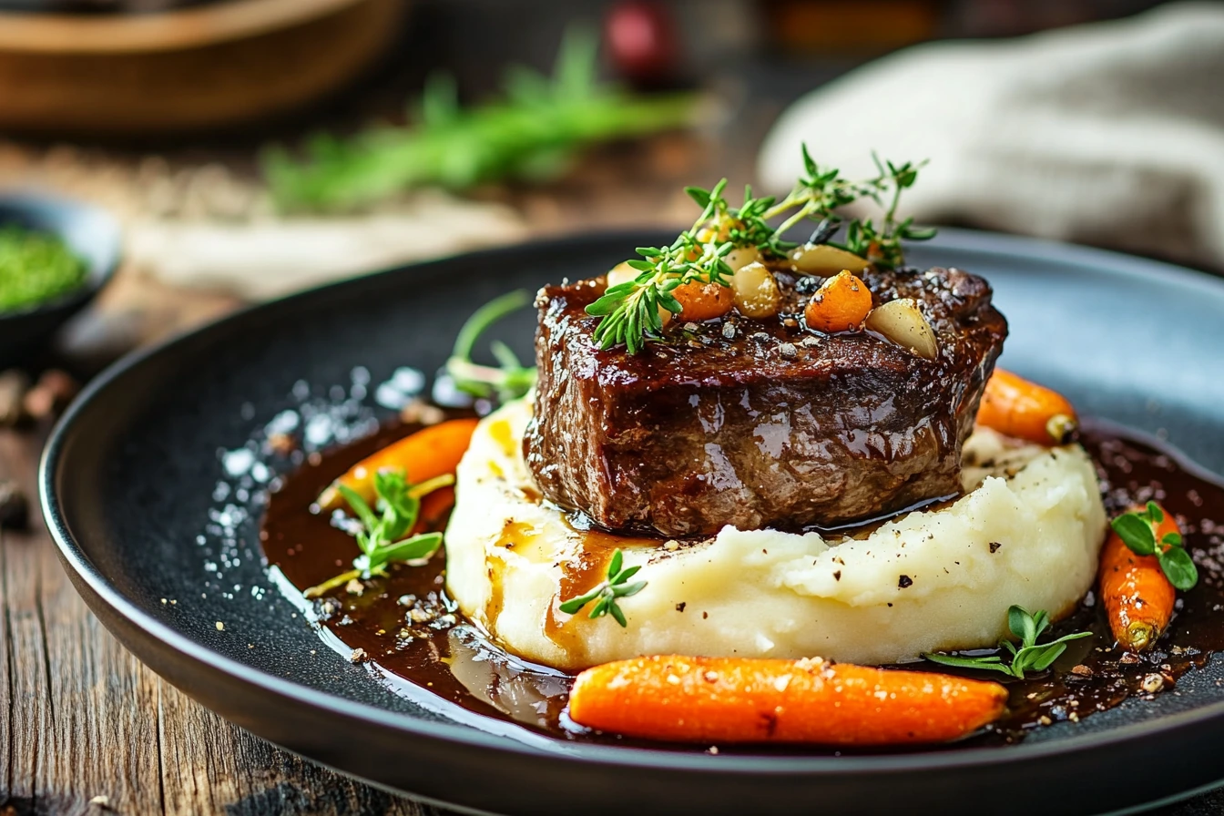 Plated boneless beef short ribs served on a bed of creamy mashed potatoes with glazed carrots, fresh thyme, and a rich sauce drizzle.