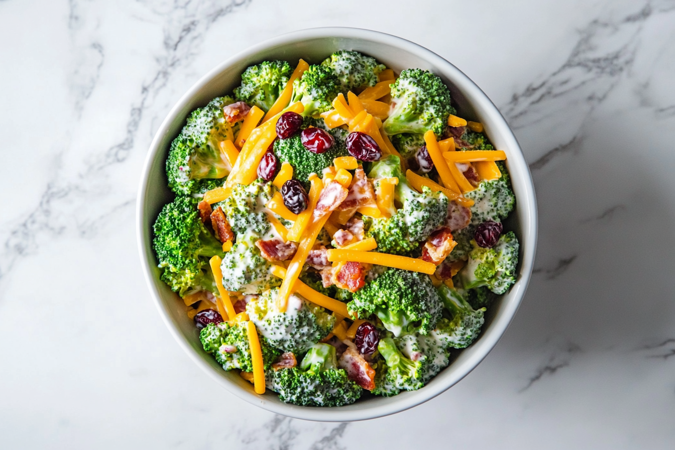 A bowl of fresh broccoli salad topped with shredded cheddar cheese, crispy bacon, and dried cranberries, coated in a creamy dressing, placed on a white marble countertop.