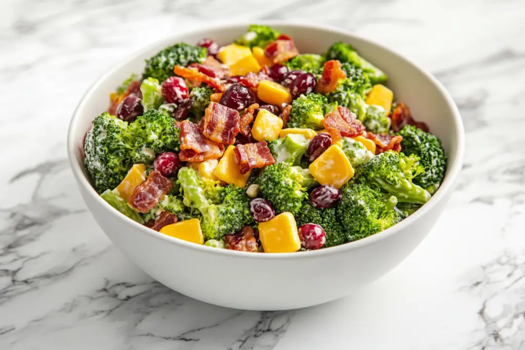 A bowl of broccoli salad featuring fresh broccoli florets, crispy bacon, cheddar cheese cubes, dried cranberries, and a creamy dressing, placed on a marble countertop.
