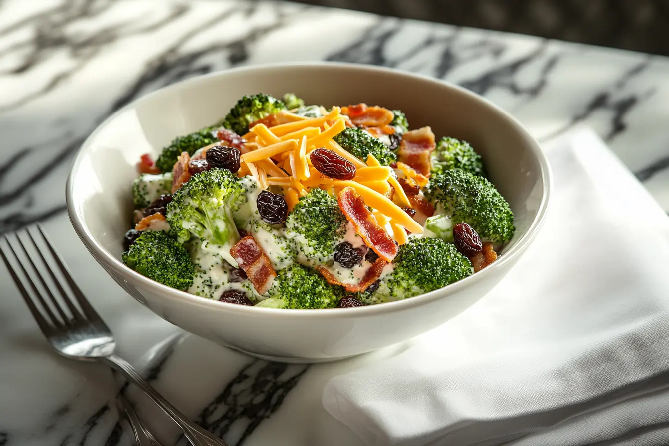 A vibrant bowl of broccoli salad topped with crispy bacon, shredded cheddar cheese, raisins, and creamy dressing, served on a marble table.