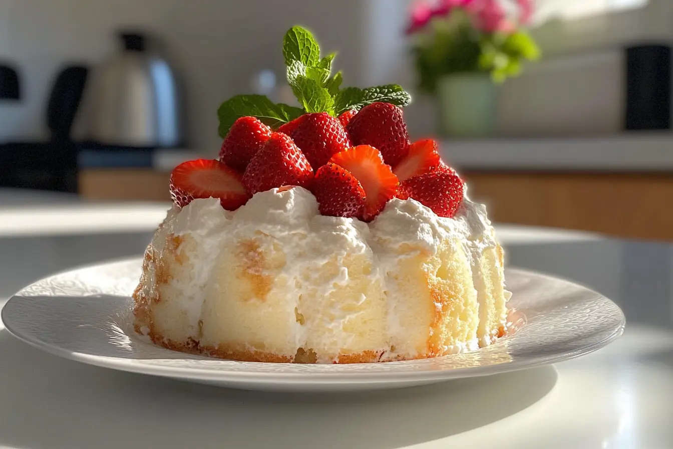 A beautifully presented angel food cake topped with fresh strawberries and whipped cream, garnished with a sprig of mint, sitting on a white plate in a well-lit kitchen.