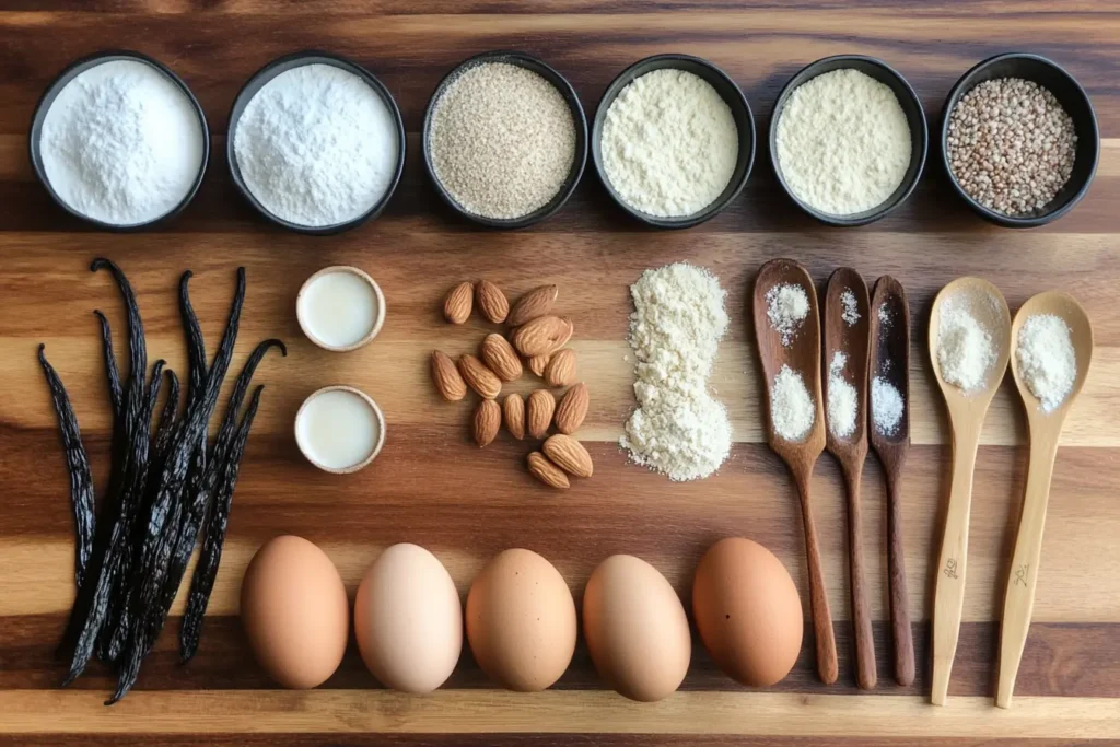 A flat lay of baking ingredients for a diabetic-friendly dessert, including almond flour, erythritol, vanilla pods, eggs, almonds, and small wooden spoons on a wooden surface.