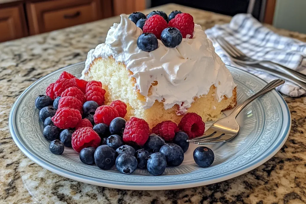 A slice of angel food cake topped with whipped cream, fresh blueberries, and raspberries, served on a decorative plate with a fork, placed on a granite countertop.