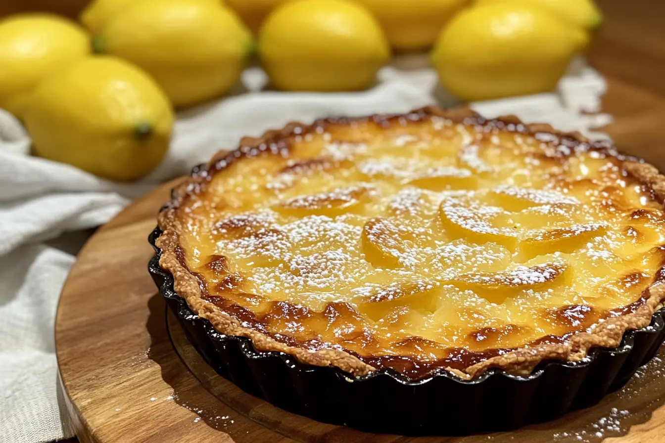 A freshly baked lemon tart with a golden-brown crust, topped with a glossy lemon filling and powdered sugar, surrounded by fresh whole lemons on a wooden board.