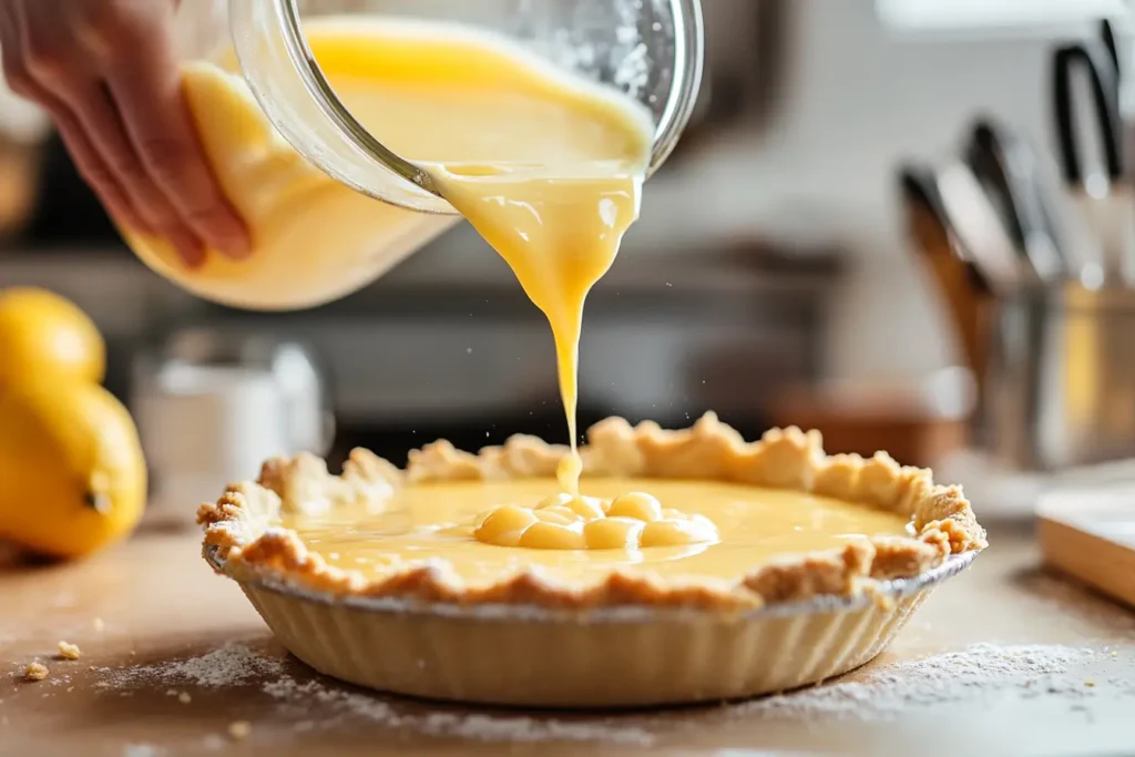 A close-up of lemon pie filling being poured from a glass jar into a pre-baked pie crust on a kitchen counter, surrounded by fresh lemons and baking tools.