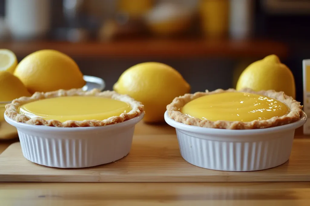 Two small lemon tarts in white ramekins with golden crusts and glossy lemon filling, surrounded by fresh lemons on a wooden surface.