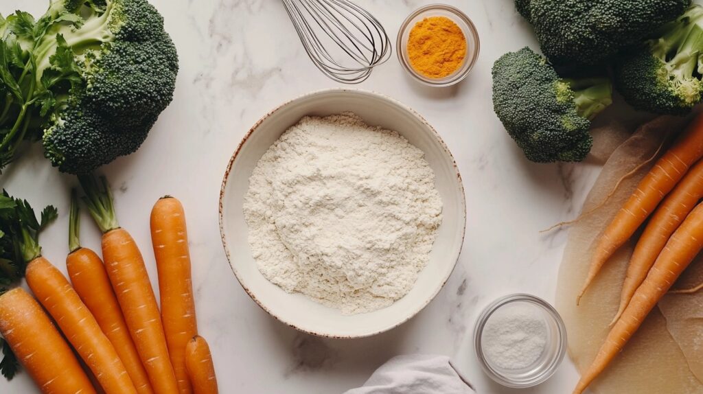 A flat-lay of vegan tempura ingredients, including fresh broccoli, carrots, a bowl of flour, turmeric, and a whisk on a marble countertop