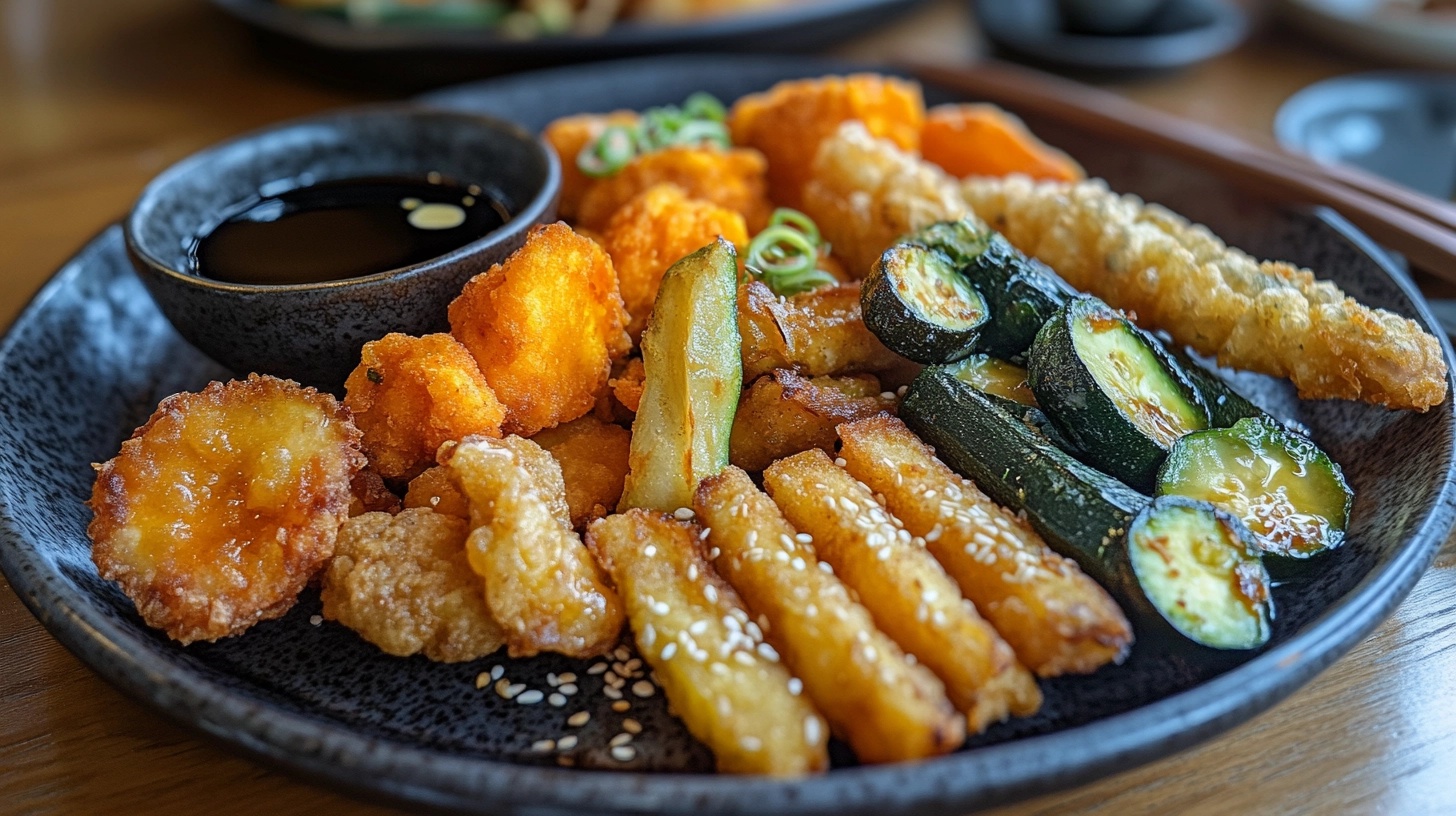 A close-up of a plate of assorted vegan tempura, featuring golden-fried zucchini, sweet potato, and other vegetables with a soy-based dipping sauce.