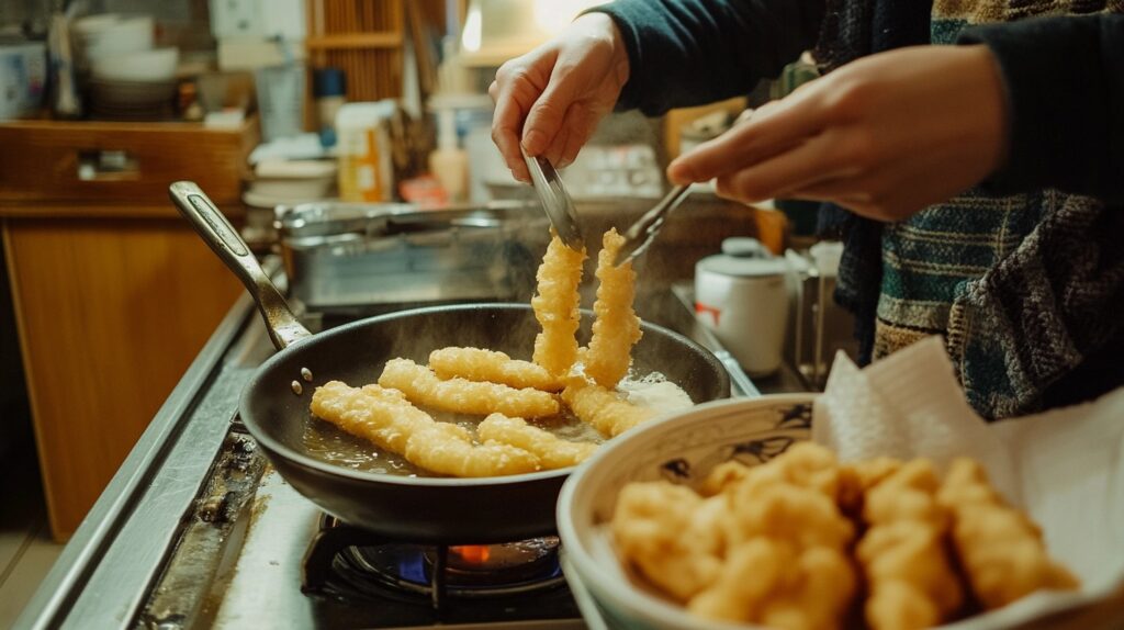 Close-up of hands using tongs to fry golden tempura pieces in a pan, with a bowl of finished tempura in the foreground.