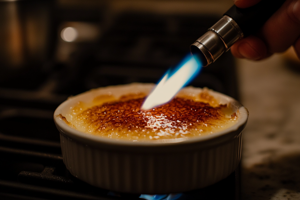 Close-up of a dab torch caramelizing the sugar on top of a crème brûlée in a white ramekin.