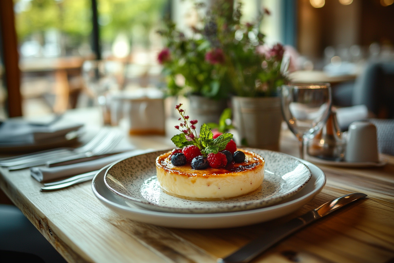 Crème brûlée garnished with fresh berries and mint, served on a speckled plate in an elegant dining setting