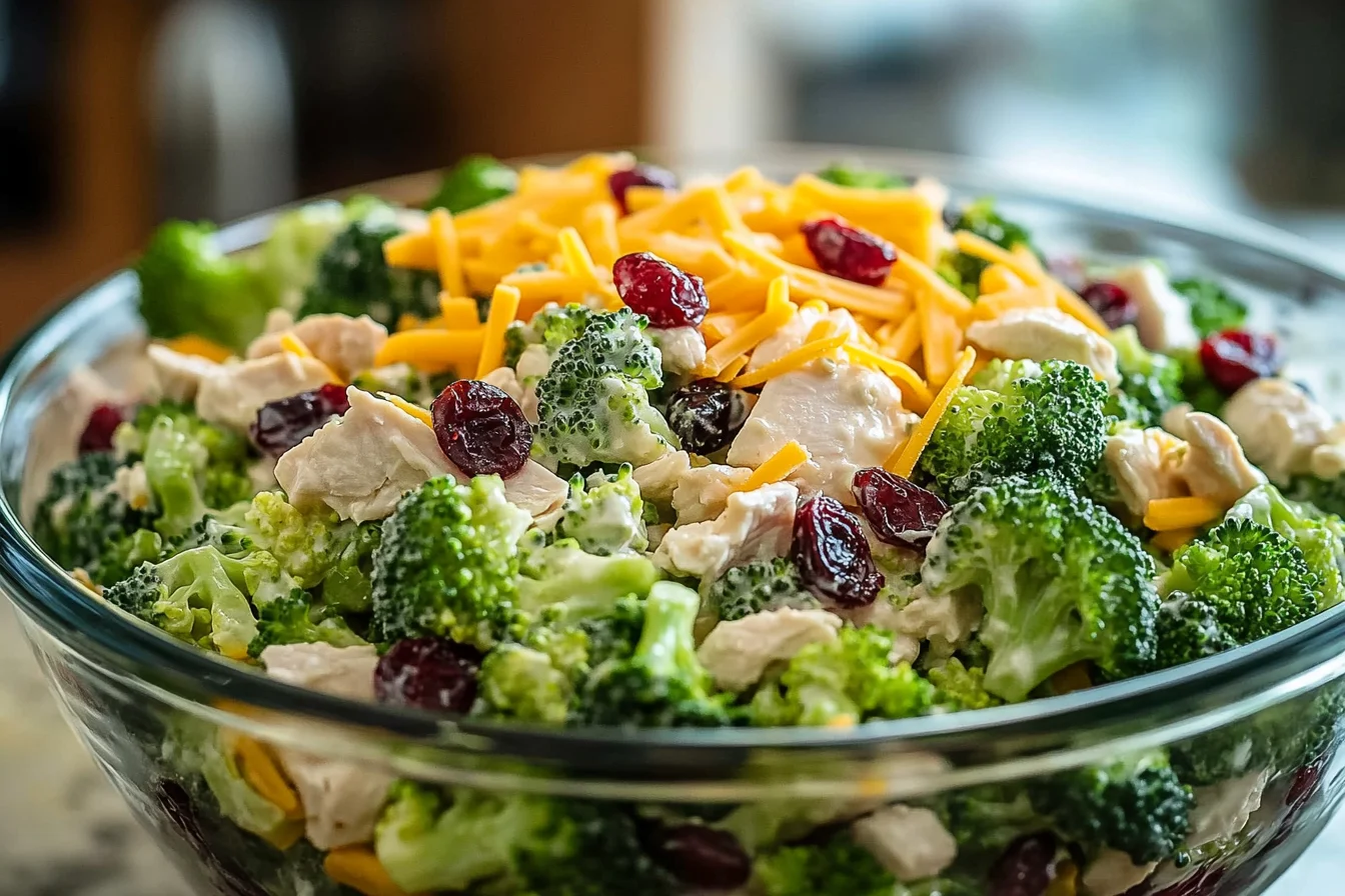 A glass bowl filled with broccoli salad topped with shredded cheddar cheese, dried cranberries, and chunks of chicken coated in a creamy dressing.