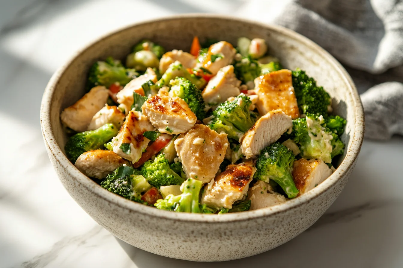 A bowl of fresh broccoli salad featuring tender grilled chicken pieces, vibrant green broccoli florets, diced vegetables, and creamy dressing, garnished with herbs and served in a rustic ceramic bowl.