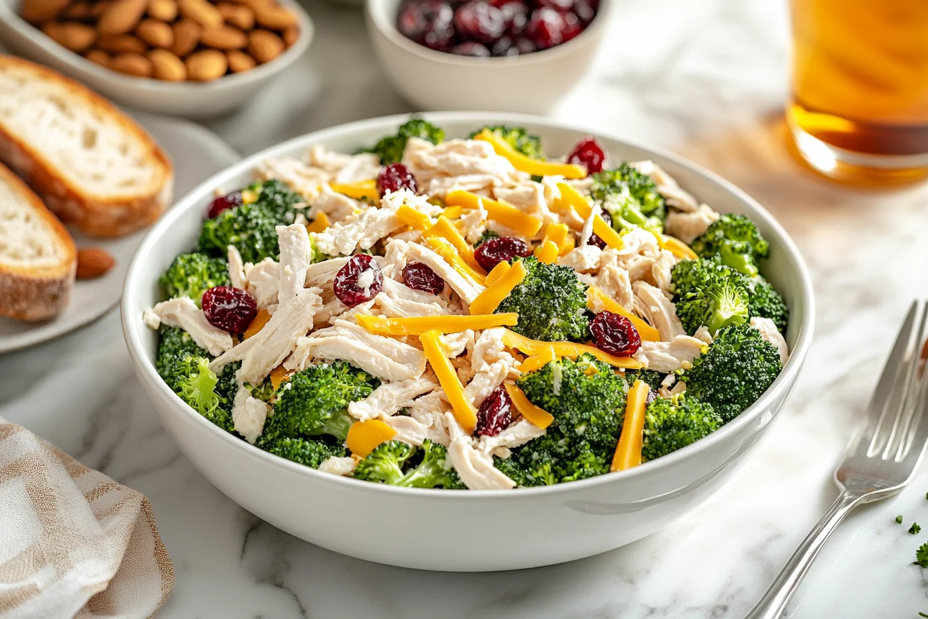 A bowl of broccoli salad topped with shredded chicken, cheddar cheese, and dried cranberries, surrounded by fresh bread slices, almonds, and a glass of iced tea.