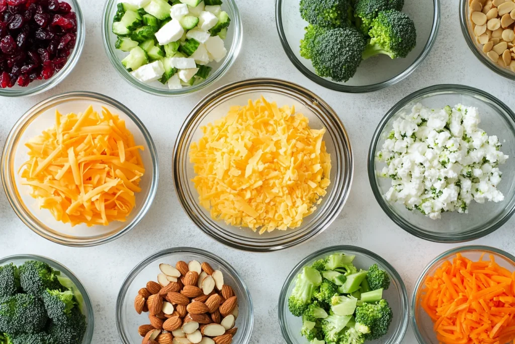 An assortment of ingredients in glass bowls, including shredded cheddar cheese, broccoli florets, sliced almonds, dried cranberries, crumbled feta, and chopped cucumbers arranged neatly on a white surface.