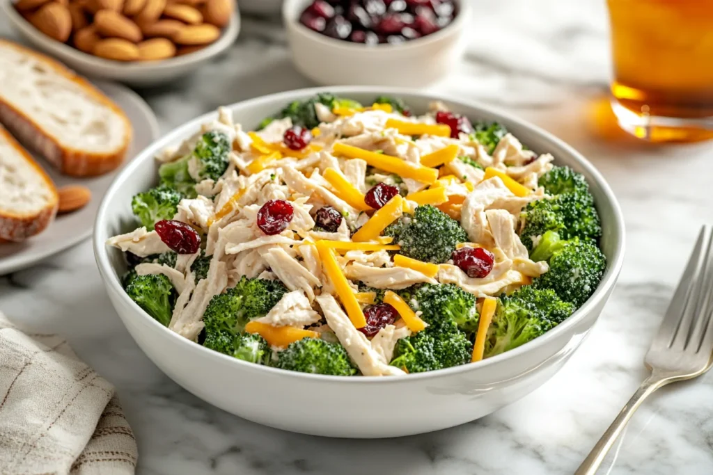 A bowl of broccoli salad with shredded chicken, cheddar cheese, and dried cranberries, placed on a marble table alongside sliced bread, almonds, and iced tea.