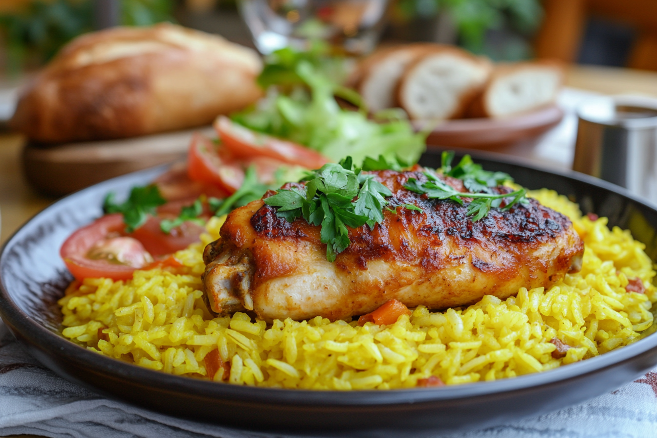 A plate of golden yellow rice topped with a roasted chicken thigh garnished with fresh parsley, served alongside sliced tomatoes, salad greens, and bread in the background.