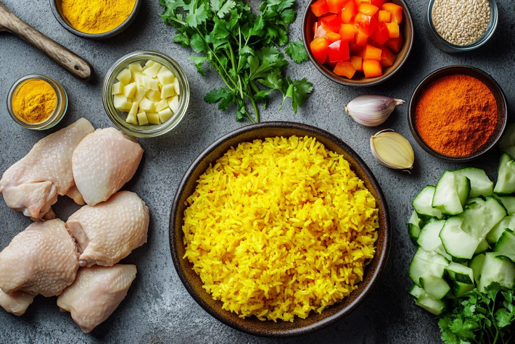 Fresh ingredients for chicken and yellow rice, including raw chicken thighs, turmeric, spices, diced vegetables, fresh herbs, and a bowl of cooked yellow rice, arranged on a textured surface.